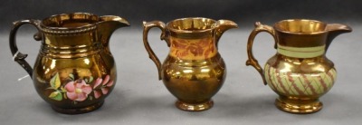 (3) English Copper Luster decorated pitchers: 4.5" pitchers - 4