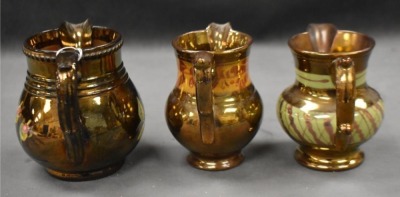 (3) English Copper Luster decorated pitchers: 4.5" pitchers - 5