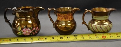 (3) English Copper Luster decorated pitchers: 4.5" pitchers - 10