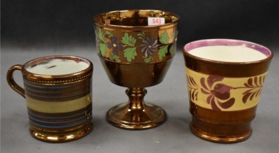(3) English Copper Luster decorated pcs: 3.5" beaker cup; 3" child's mug; 4.5" goblet