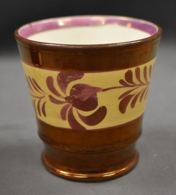 (3) English Copper Luster decorated pcs: 3.5" beaker cup; 3" child's mug; 4.5" goblet - 2