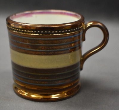 (3) English Copper Luster decorated pcs: 3.5" beaker cup; 3" child's mug; 4.5" goblet - 3