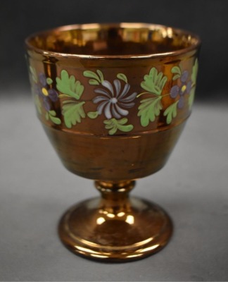 (3) English Copper Luster decorated pcs: 3.5" beaker cup; 3" child's mug; 4.5" goblet - 4