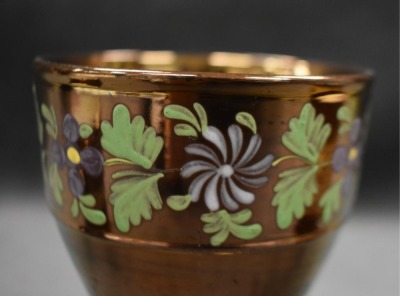 (3) English Copper Luster decorated pcs: 3.5" beaker cup; 3" child's mug; 4.5" goblet - 5