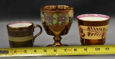 (3) English Copper Luster decorated pcs: 3.5" beaker cup; 3" child's mug; 4.5" goblet - 7