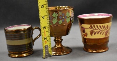 (3) English Copper Luster decorated pcs: 3.5" beaker cup; 3" child's mug; 4.5" goblet - 8
