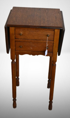 Antique New England drop leaf table/ plant stand, 2-drawer storage - 2
