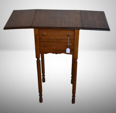 Antique New England drop leaf table/ plant stand, 2-drawer storage - 3