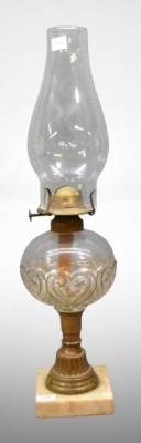 Clear Glass oil lamp on brass column and mable base, stars in hearts decor