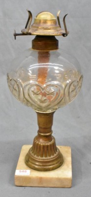 Clear Glass oil lamp on brass column and mable base, stars in hearts decor - 2