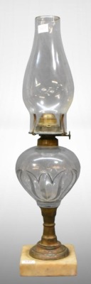 Clear Glass oil lamp on brass column and mable base