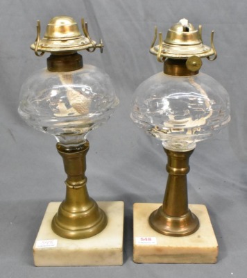 (2) Clear Glass oil lamps on brass columns and marble bases, inverted thumbprint style design - 2