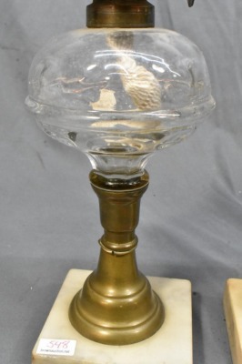 (2) Clear Glass oil lamps on brass columns and marble bases, inverted thumbprint style design - 5