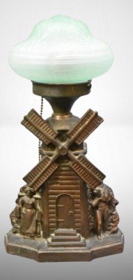 Spelter Windmill electric lamp with gree depression glass shade
