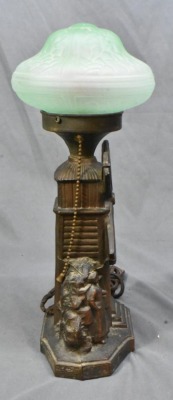 Spelter Windmill electric lamp with gree depression glass shade - 2