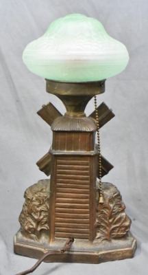 Spelter Windmill electric lamp with gree depression glass shade - 3