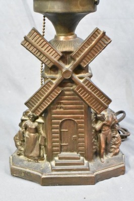 Spelter Windmill electric lamp with gree depression glass shade - 4