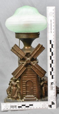 Spelter Windmill electric lamp with gree depression glass shade - 7