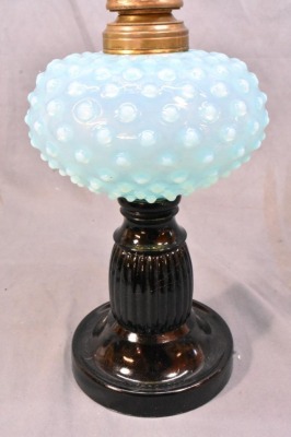 Blue Hobnail oil lamp on black glass base, matching stretched hobnail shade - 2