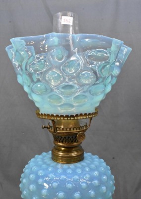 Blue Hobnail oil lamp on black glass base, matching stretched hobnail shade - 3
