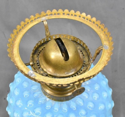 Blue Hobnail oil lamp on black glass base, matching stretched hobnail shade - 4