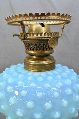 Blue Hobnail oil lamp on black glass base, matching stretched hobnail shade - 5