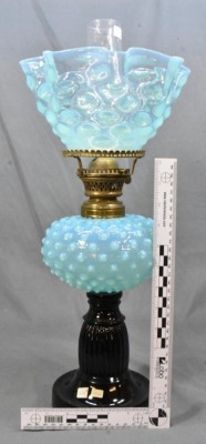 Blue Hobnail oil lamp on black glass base, matching stretched hobnail shade - 7