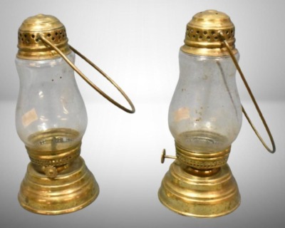 (2) Brass ice skater's oil lanterns, 7" petite size