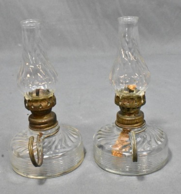 (2) Clear pressed glass miniature oil lamps w/ wire handle - 2