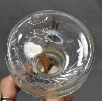 (2) Clear pressed glass miniature oil lamps w/ wire handle - 9