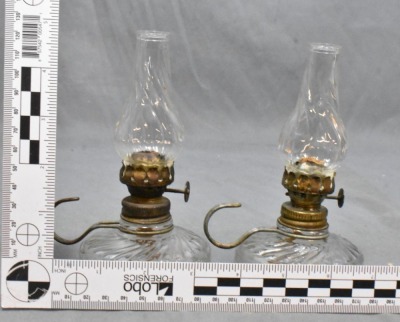 (2) Clear pressed glass miniature oil lamps w/ wire handle - 10