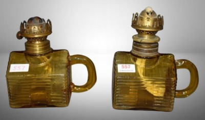 (2) Atterbury Log Cabin finger lamps, amber