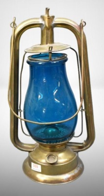 L.W. Tubular brass lantern with blue globe