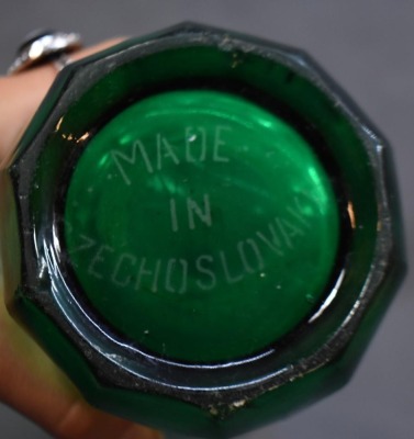 (2) Seltzer bottles: 1-"Schultz Carbonic", clear, 9.5"h; 1-mrkd. Czechoslovakis, green, 12.5"h - 10