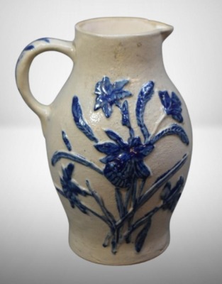 Blue and White Stoneware 6.5" creamer, embossed flowers