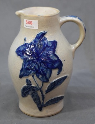 Blue and White Stoneware 6.5" creamer, embossed flowers - 2