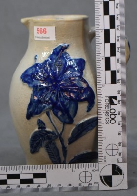 Blue and White Stoneware 6.5" creamer, embossed flowers - 6