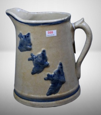 Flying Bluebird Stoneware pitcher, 8.5" tall