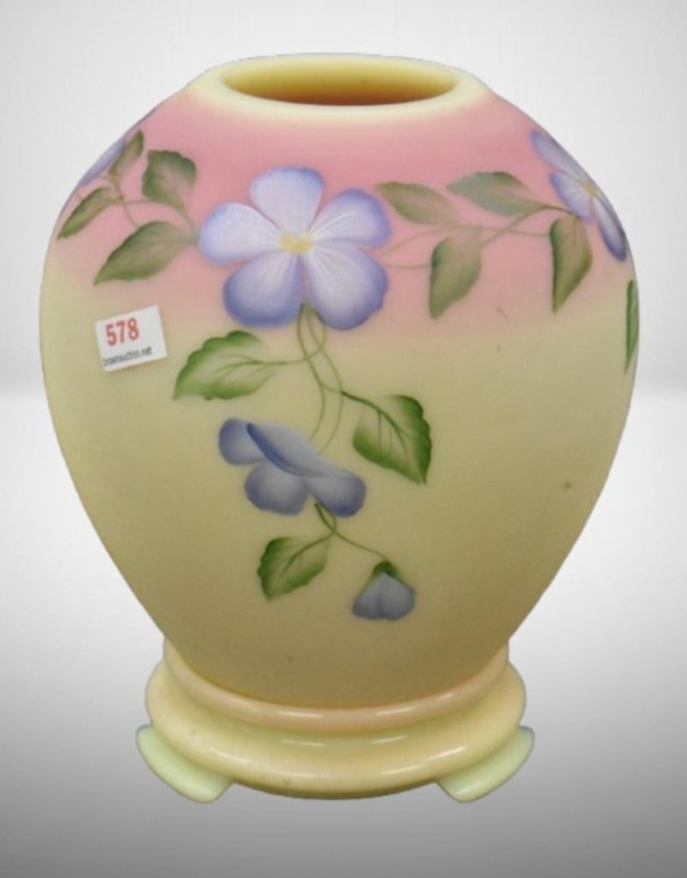 Fenton Burmese ginger jar decorated w/ purple flowers