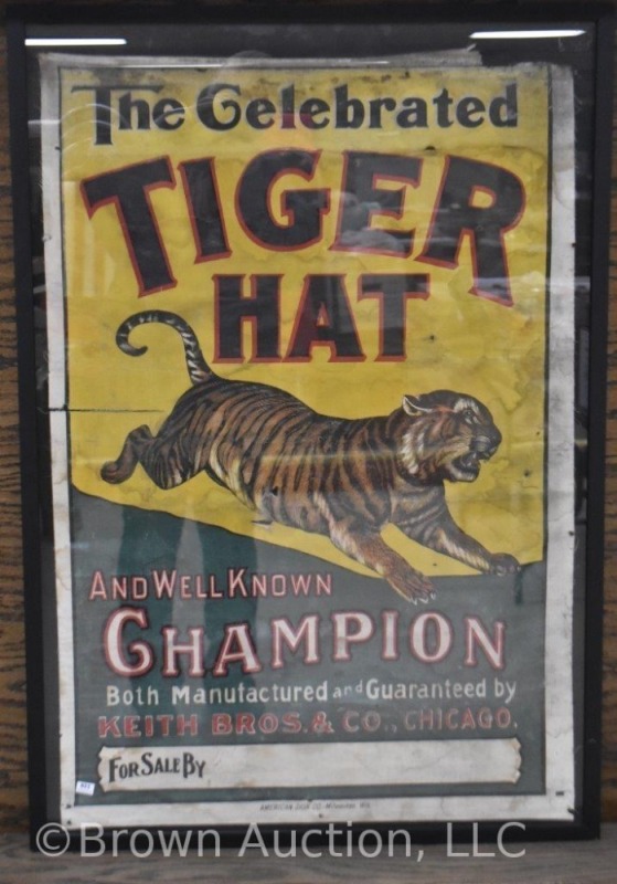 "The Celebrated Tiger Hat" cloth advertising sign, Keith Bros. and Co., Chicago