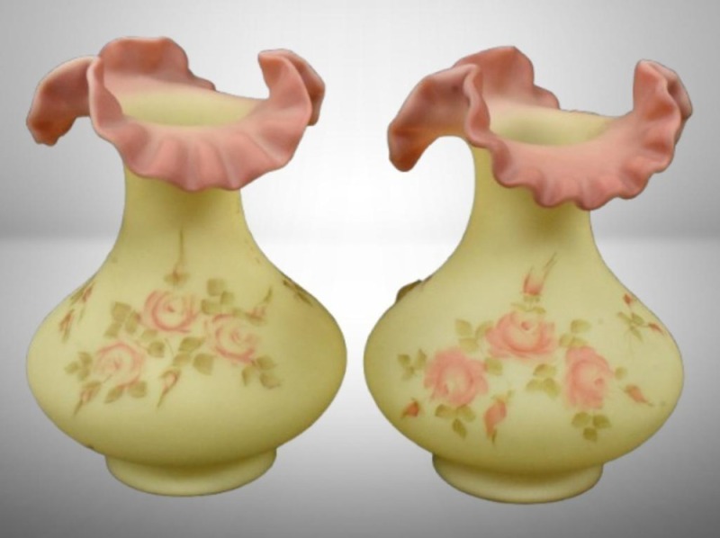 (2) Fenton handpainted Burmese tulip 7" vases
