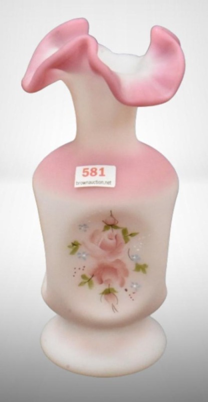 Fenton Rosalene 7" vase w/ 4 dimpled sides, handpainted roses
