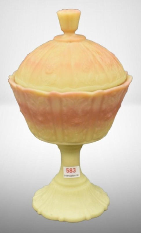 Fenton Burmese 9" cov. Candy dish, raised flowers - it glows!