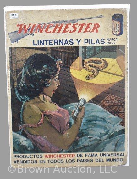 Winchester flashlight and battery advertising poster in Spanish