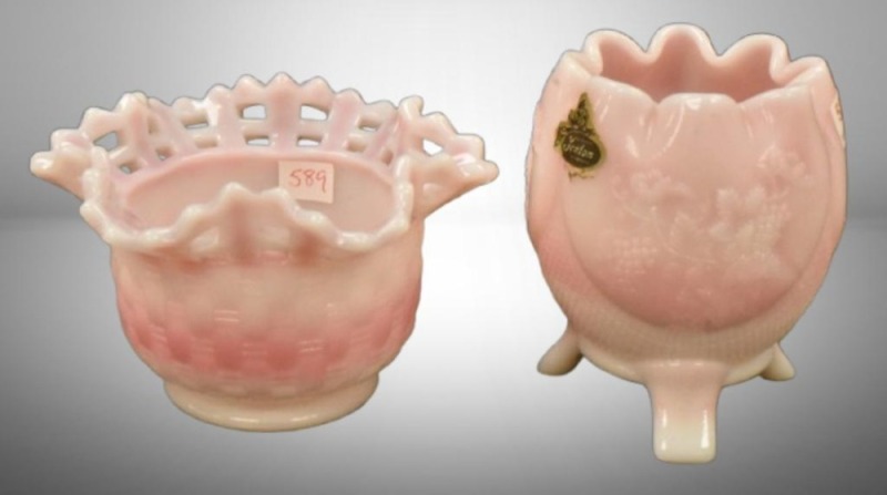 (2) Fenton Rosalene pcs: three-toed Grape 4" vase, paper label; Basketweave 3.25" bowl