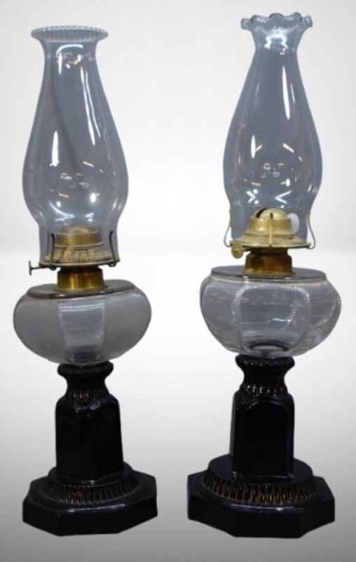 (2) Findlay Glass oil lamps, Crown Pattern on font - 1 frosted, 1 not, both with black amethyst bases