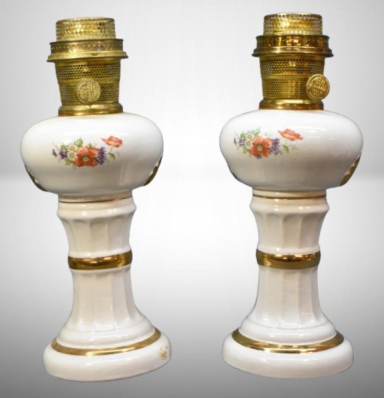 (2) Aladdin-style porcelain lamps with applied floral decor and gold gilting