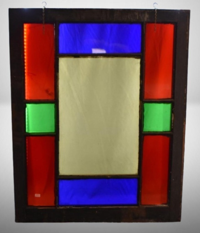 Pane stained leaded glass window - vivid cobalt, red, cream and green