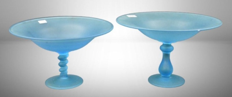 (2) Tiffin Satin Glass compotes, sky blue