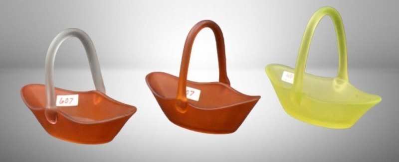 (3) Tiffin Satin Glass canoe-shaped baskets: 1-uranium; 2-amberina